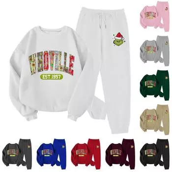 Женский комплект из свитера с круглым вырезом и длинными рукавами и брюками с рождественским принтом L чёрный