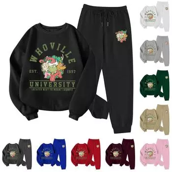 Женский комплект из свитера с круглым вырезом и длинными рукавами и брюками с рождественским принтом L чёрный