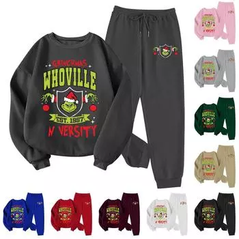 Женский комплект из свитера с круглым вырезом и длинными рукавами и брюками с рождественским принтом L чёрный