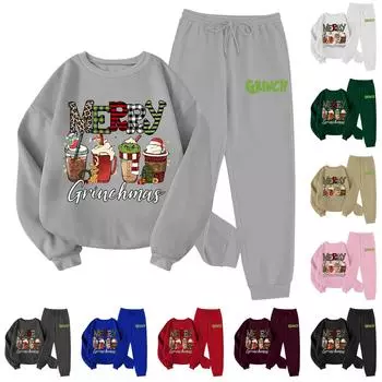 Женский комплект из свитера с круглым вырезом и длинными рукавами и брюками с рождественским принтом L чёрный