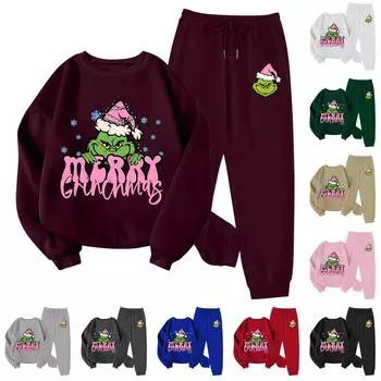 Женский комплект из свитера с круглым вырезом и длинными рукавами и брюками с рождественским принтом L чёрный