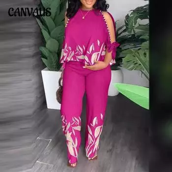 Женский комплект из топа и брюк больших размеров, летний костюм из двух предметов с принтом из бисера S чёрный