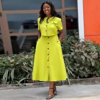 Женский комплект из топа с круглым вырезом и юбки на пуговицах с высокой талией 2024 года M жёлтый/зелёный