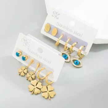 Женский комплект из трех частей из титановой стали, серьги-капельки в стиле клевера с геометрическими кристаллами OneSize золотой