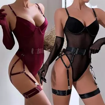 Женский комплект из трех предметов для ночного клуба, прозрачный, облегающий, с подвязками, сетчатое боди, эротическое белье, сексуальный, с перчатками L
