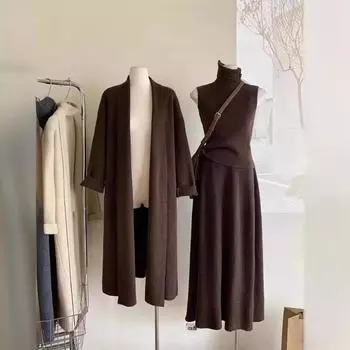 Женский комплект из трех предметов весна-осень-зима, длинный свитер, жилет, джемпер, платье, вязаное крючком пальто, юбка с высокой талией Y2k One size кофейный
