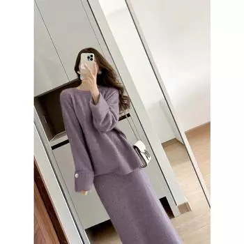 Женский комплект из трикотажного повседневного однотонного платья на осень и зиму one size fits all фиолетовый