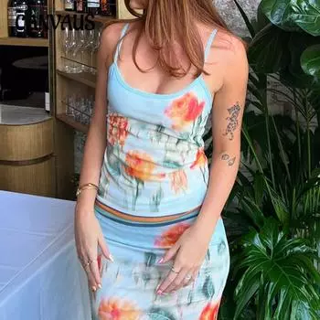 Женский комплект из юбки-карандаш с принтом в виде цветка и праздничным принтом, облегающий крой, пикантный, контрастный по цвету, с заниженной талией S оранжевый