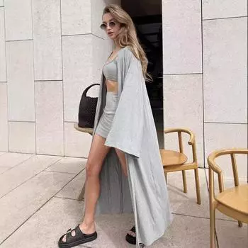 Женский комплект из удлиненного кардигана-камизола с короткими юбками и полуюбкой на осень и зиму S чёрный