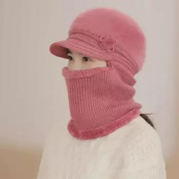 Женский комплект из вязаного шарфа и шапки из меха кролика: Модный, теплый и морозостойкий Scarf hat, plush warm, elastic