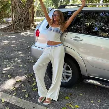 Женский комплект из жилета и брюк, контрастный топ без рукавов со шнуровкой и круглым вырезом, свободные брюки на талии с завязками, женский костюм, летние женские наряды 2025 года S