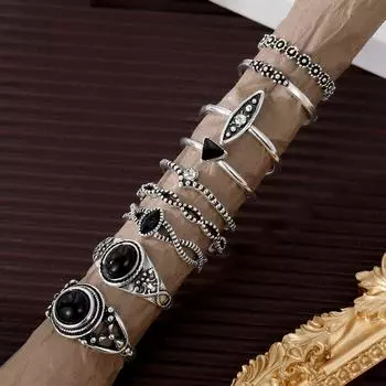 Женский комплект колец из 9 предметов, вечерние, ночной клуб, хип-хоп, универсальное кольцо, набор резных колец чёрный