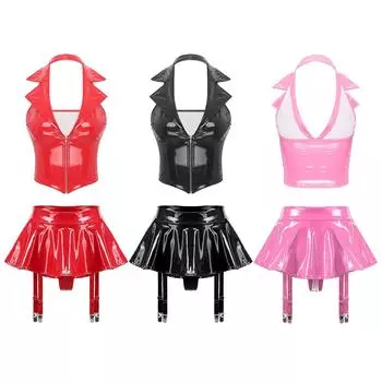 Женский комплект кожаного нижнего белья с эффектом мокрой кожи, жилет-халтер с открытой спиной и юбка с оборками, встроенные стринги S
