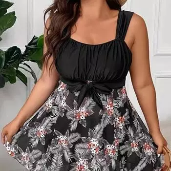 Женский комплект купальников из 2 шт./компл., топ на шнуровке с принтом на подоле, шорты для плавания с высокой талией, комплект сплошного цвета 5XL чёрный