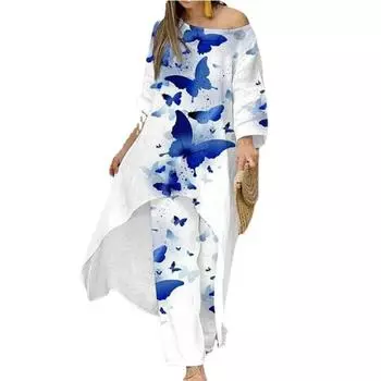 Женский комплект, модный повседневный свободный топ больших размеров с укороченными рукавами и принтом нестандартной формы + прямые брюки 2XL