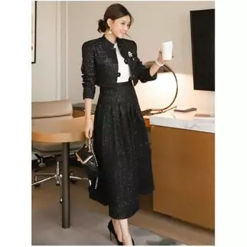 Женский комплект на весну и осень, темпераментный и элегантный, короткий твидовый жакет + утягивающая талию широкая юбка-солнце, комплект из двух предметов XL чёрный