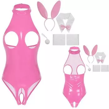 Женский комплект нижнего белья Babydoll, костюм для косплея, боди с открытой чашкой и вырезами с повязкой на голову и воротником-манжетами, хвост для выступлений в ночном клубе, танцевальный костюм S