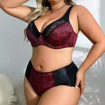 Женский комплект нижнего белья больших размеров с бюстгальтером и трусиками без подкладки с цветочным принтом и чашкой D 90D красный