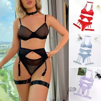 Женский комплект нижнего белья: бюстгальтер и трусики, ультратонкий, прозрачный, сексуальный, прозрачная сетка, 4 предмета M