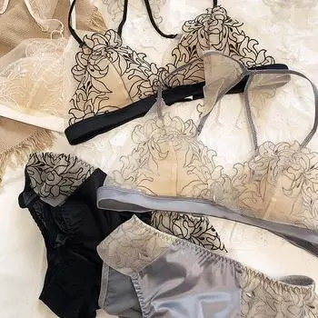 Женский комплект нижнего белья, французский сексуальный кружевной комплект с бюстгальтером с вышивкой, ультратонкий комфортный бюстгальтер без косточек, регулируемый ремень на бретельках, нижнее белье L чёрный