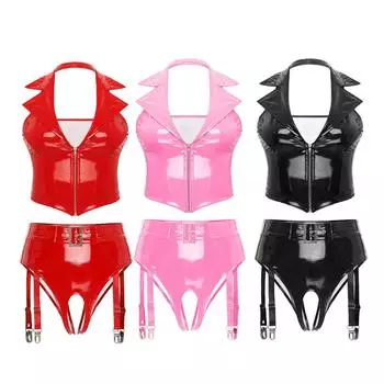 Женский комплект нижнего белья из 2 предметов из лакированной кожи, сексуальный жилет с глубоким V-образным вырезом и нижним бельем с высокой талией S