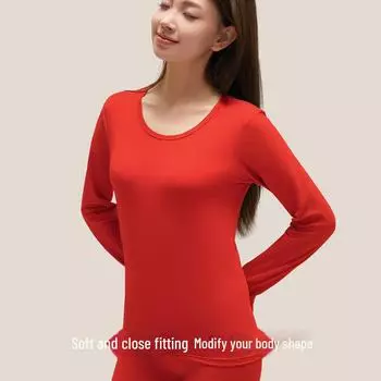 Женский комплект нижнего белья из хлопка ярко-красного цвета на осень — теплая подкладка А-типа, тонкая нижняя часть с круглым вырезом. high waist pants, size L ярко-красный