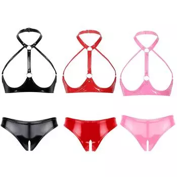 Женский комплект нижнего белья из лакированной кожи с открытой чашкой и бретелькой через шею, трусики без вырезов с эффектом мокрой кожи, ночной наряд S