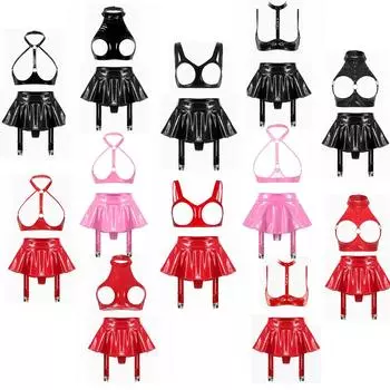 Женский комплект нижнего белья из лакированной кожи с эффектом мокрой кожи, бюстгальтер без косточек с открытыми чашечками и поясом для чулок, мини-юбка для клубной вечеринки S