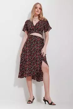 Женский комплект нижнего белья, новый сезон, модный черный двубортный воротник, блузка с цветочным узором и юбка с рюшами, тканый костюм из вискозы