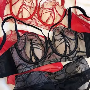 Женский комплект нижнего белья с французской кружевной вышивкой, сексуальный комплект с бюстгальтером пуш-ап с тонкой чашкой, романтический сетчатый дышащий комплект нижнего белья, трусики