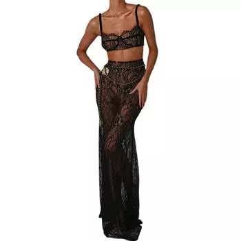 Женский комплект нижнего белья с кружевом, прозрачные безрукавки, длинные юбки с высокой талией и цепочкой, комплект из 2 предметов, одежда для сна S