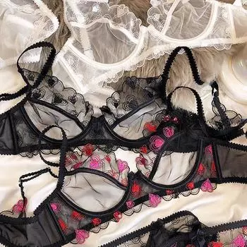 Женский комплект нижнего белья, ультратонкий кружевной комплект с бюстгальтером, сексуальное прозрачное нижнее белье, романтический бюстгальтер с вышивкой в форме сердца, женский французский бюстгальтер без косточек 70B белый