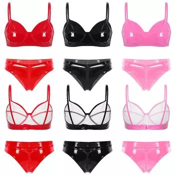Женский комплект нижнего белья Wet Look, бюстгальтер без косточек, трусы-молнии в промежности, лакированная кожа, наряд для клубной вечеринки S