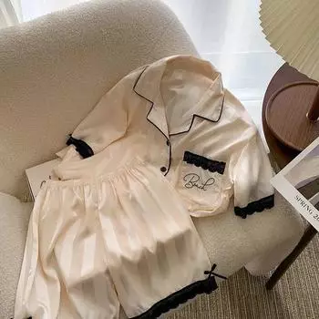 Женский комплект одежды для сна, летний пижамный комплект для женщин, пижамный комплект из искусственного шелка и кружева, ночная рубашка для девочек, свободная талия, короткие штаны, шелковые пижамы M белый