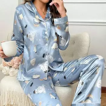 Женский комплект одежды для сна весна-осень атласный топ с длинными рукавами и длинными брюками комплект из двух предметов повседневная домашняя одежда повседневный комплект одежды XL синий