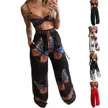 Женский комплект одежды из 2 предметов в стиле бохо, богемный укороченный топ с принтом бабочки + длинные широкие брюки-палаццо, летняя пляжная одежда L серый
