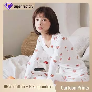 «Женский комплект одежды из чистого хлопка на осень»: «Печатные свитера и термобелье для девочек и женщин» Strawberry, XL белый