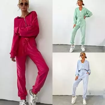 Женский комплект одежды осень-зима 2024 года, модный комплект из двух предметов: толстовка с капюшоном на молнии и завязками, спортивный костюм, брюки, однотонный комплект из двух предметов S розы красного