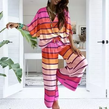 Женский комплект одежды Yousheng из 2 предметов: топ с рукавами «летучая мышь» и V-образным вырезом, широкие брюки, свободный повседневный спортивный костюм для отдыха S