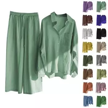 Женский комплект, однотонная хлопковая льняная рубашка, свободные брюки с длинными рукавами и высокой талией, комплект из двух предметов L чёрный