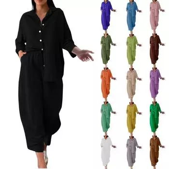 Женский комплект, однотонная хлопковая льняная рубашка, свободные брюки с длинными рукавами и высокой талией, комплект из двух предметов L