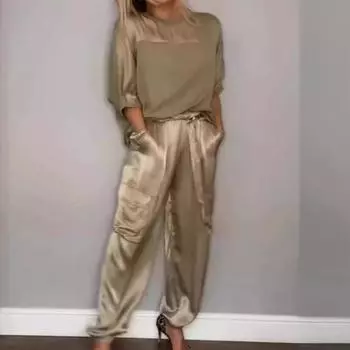 Женский комплект, однотонный комплект из гладкого атласа, топ с рукавами три четверти и брюки, комплект из двух предметов 4XL абрикосовый