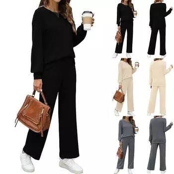 Женский комплект осень-зима однотонный звездное небо нитка домашний топ с длинными рукавами и круглым вырезом прямые брюки L абрикосовый