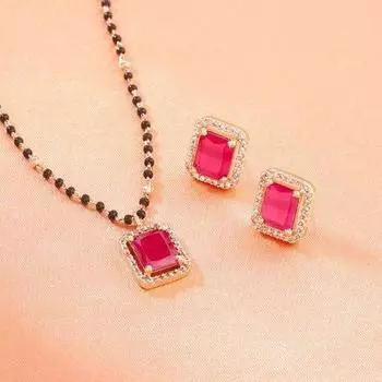 Женский комплект ожерелья Maangalsutra Estele с покрытием из розового золота и квадратным цирконием с рубиновым камнем