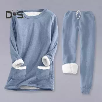 Женский комплект пижам из 2 предметов: осень-зима, свитшот с длинным рукавом и круглым вырезом, эластичный шнурок на талии, карманы, брюки, комплект с флисовой подкладкой, домашняя одежда M серый