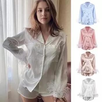 Женский комплект пижам с перьями, длинный рукав, ночная рубашка с шортами, элегантная роскошная ночная рубашка, женские летние костюмы M