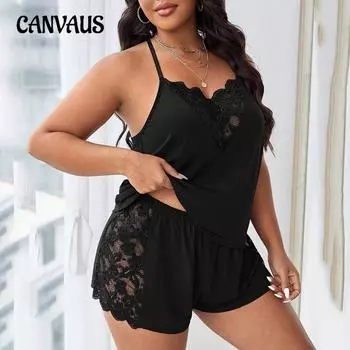 Женский комплект пижамы большого размера с лямкой через шею в стиле пэчворк черного цвета 1XL чёрный