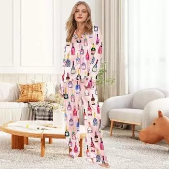 Женский комплект пижамы «Бутылка шампанского» с длинным рукавом, рубашка на пуговицах и брюки, одежда для сна M белый