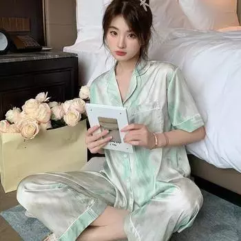 Женский комплект пижамы для отдыха Лето-Осенний пижамный комплект с отложным воротником из искусственного шелка и атласа, окрашенные в галстуке, пижамы с короткими рукавами, женская пижама, домашняя одежда M