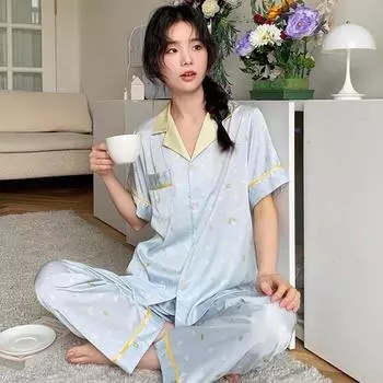 Женский комплект пижамы для отдыха Лето-Осенний пижамный комплект с отложным воротником из искусственного шелка и атласа милый с коротким рукавом с принтом в горошек Женская синяя пижама Домашняя одежда M
